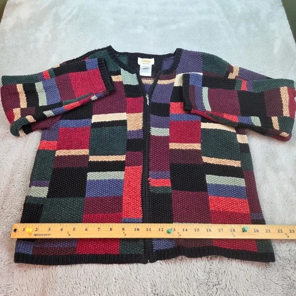 VTG Talbots Linen Blend Patchwork Zip Cardigan Womens Large Hand Knit Multicolor - Picture 7 of 7